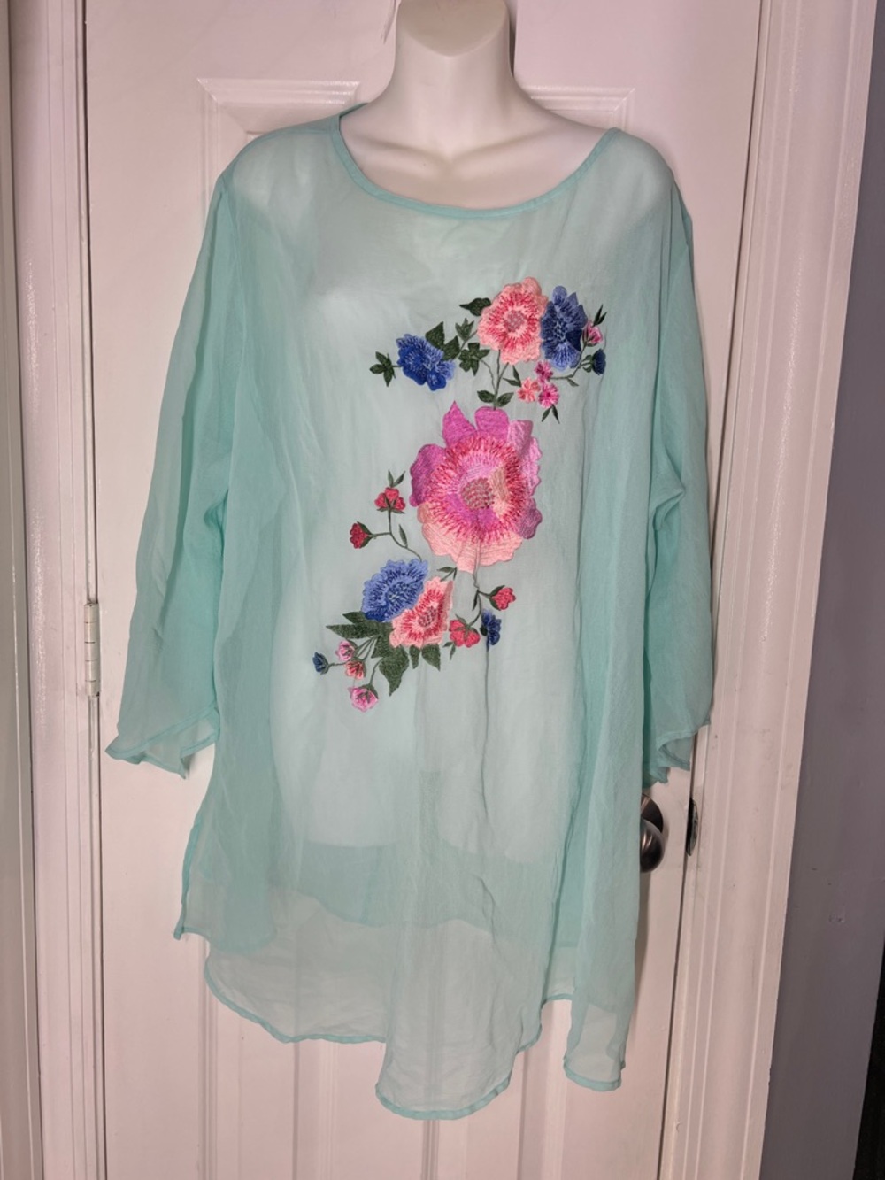 Roaman's Mint Green Sheer Tunic with Pink & Blue Floral Embroidery